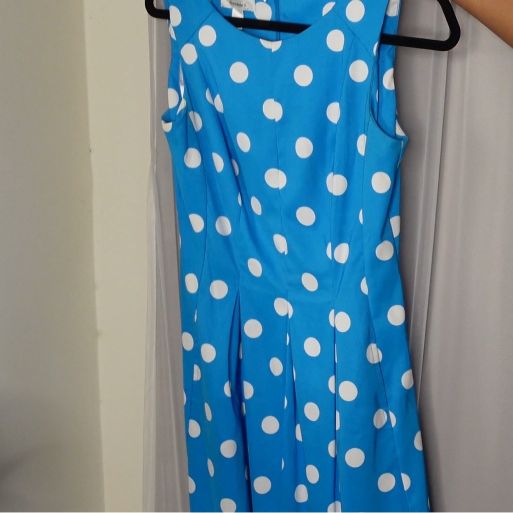 Blue polka dot pleated dress
